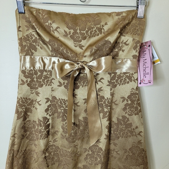 My Michelle Vintage 90s Strapless Dress Gold Brocade Satin Bow Size 3/4 NWT - Picture 3 of 10